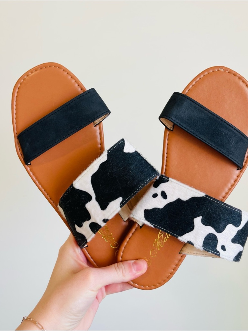 Cow Print Slide Sandals with Black Straps